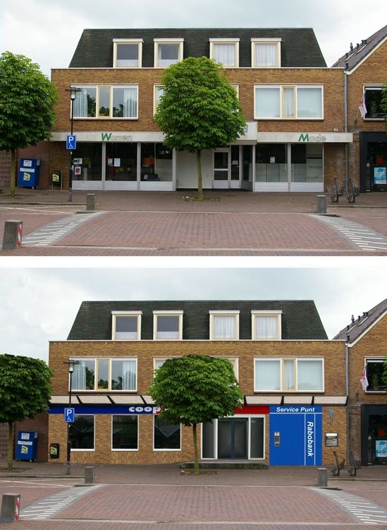 voorbeeld: foto bewerken gevel winkel oude en nieuwe situatie